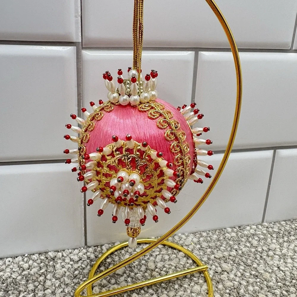 VTG Christmas Ornament PINK Beaded Pins Lace MCM Shiny Round Ball 4.5